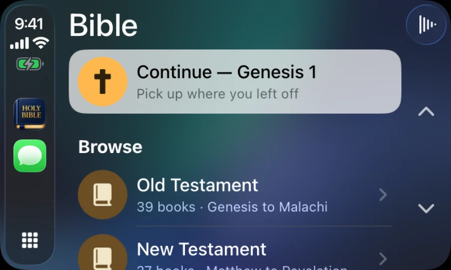 Bible for Me running in CarPlay with Continue and Browse