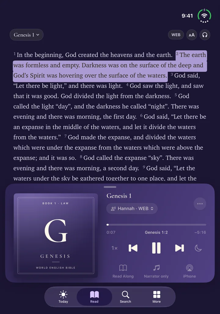 Bible for Me on iPhone Duo held upright, playing Genesis 1 with the Hannah narrator in the docked player while the verse being read is highlighted in the text above