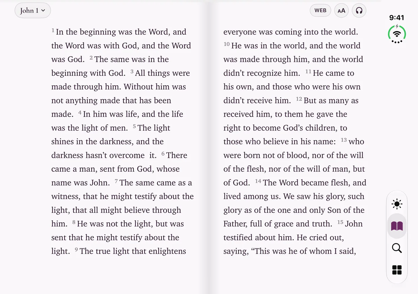 Bible for Me on iPhone Duo held open sideways, showing John 1 in the World English Bible as a two-page spread with the spine on the fold