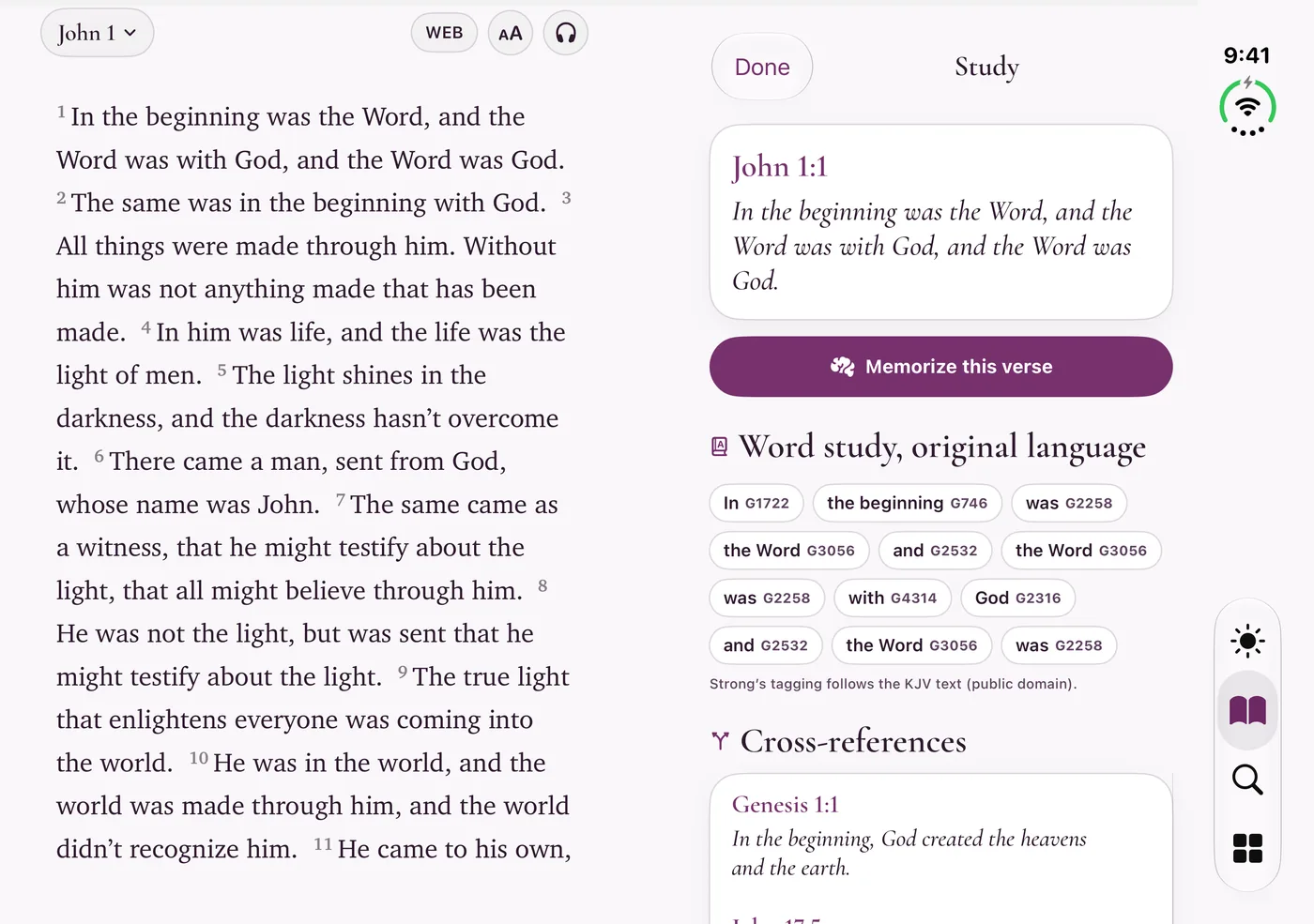 Bible for Me on iPhone Duo with John 1 on the left and the Study column on the right showing John 1:1, a Memorize this verse button, word study with Strong's numbers, and cross-references
