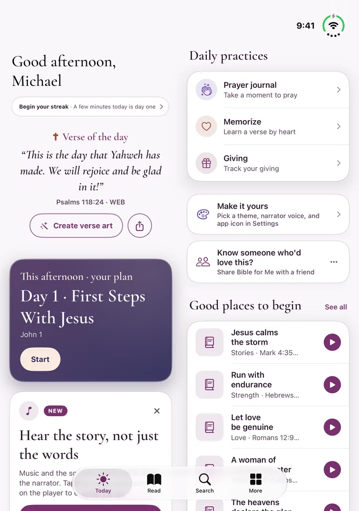 Bible for Me Today screen on iPhone Duo held upright, with the verse of the day and today's plan reading on the left and daily practices and suggested passages on the right