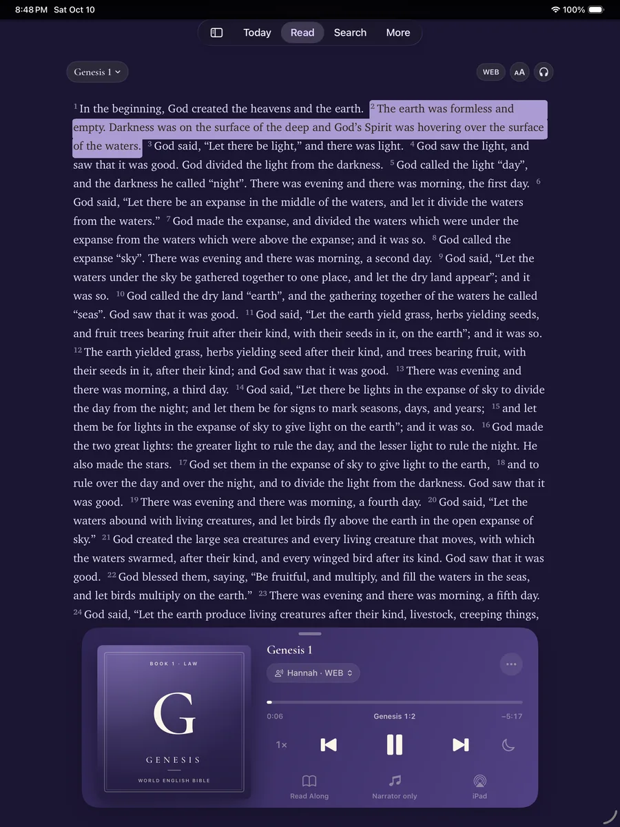 Bible for Me on iPad playing Genesis 1 with the Hannah narrator in the docked player while the verse being read is highlighted above