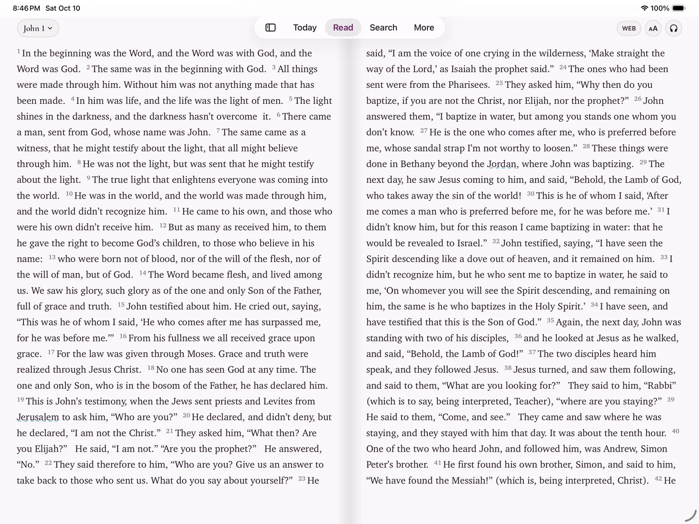 Bible for Me on iPad in landscape, showing John 1 in the World English Bible as a two-page spread