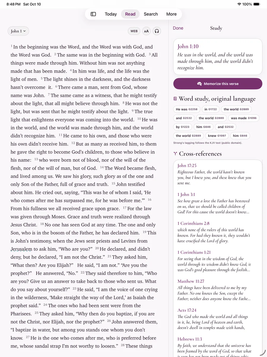 Bible for Me on iPad with John 1 on the left and the Study column on the right showing John 1:10, word study with Strong's numbers, and cross-references