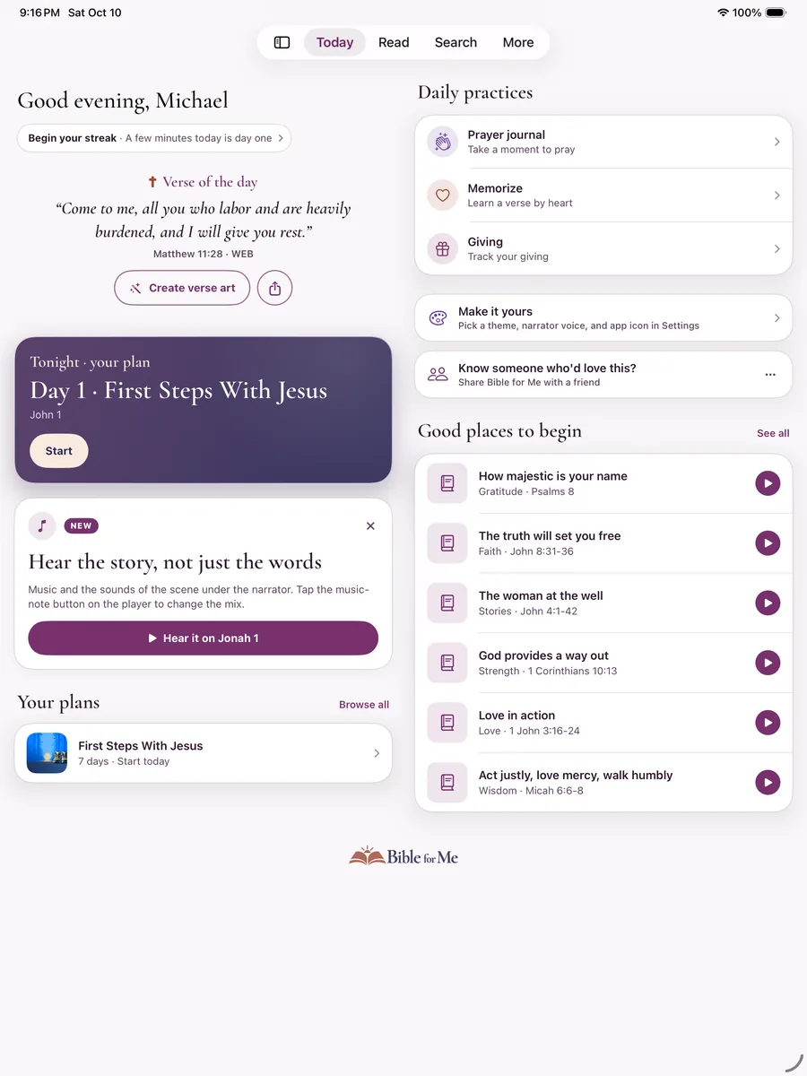 Bible for Me Today screen on iPad with the verse of the day and today's plan on the left and daily practices and suggested passages on the right