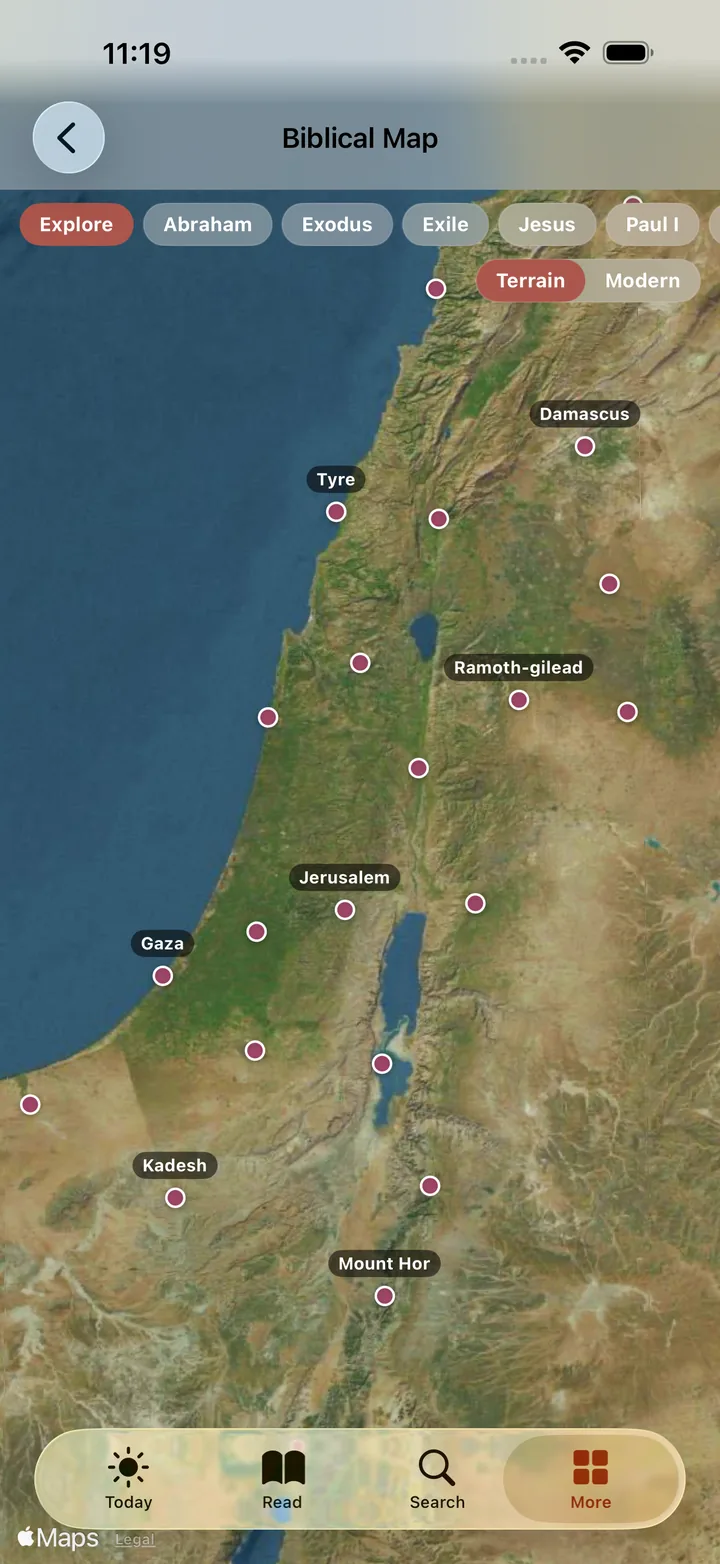 Interactive biblical map of Israel showing Jerusalem, Gaza, Tyre, Damascus, and other places