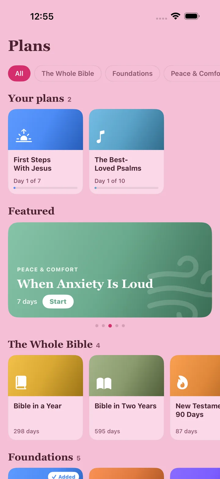 Reading plans in the rose theme, with progress on First Steps With Jesus