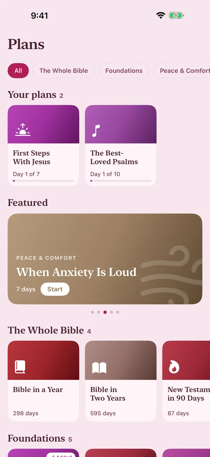 Reading plans screen showing First Steps With Jesus, When Anxiety Is Loud, and whole-Bible plans