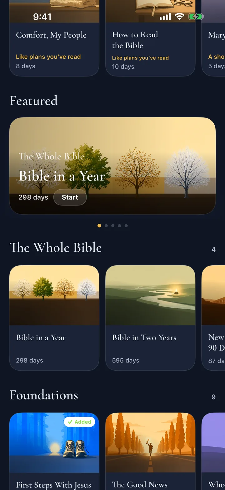 Reading plans screen in the Night theme with a featured Bible in a Year plan, the Whole Bible plans, and Foundations