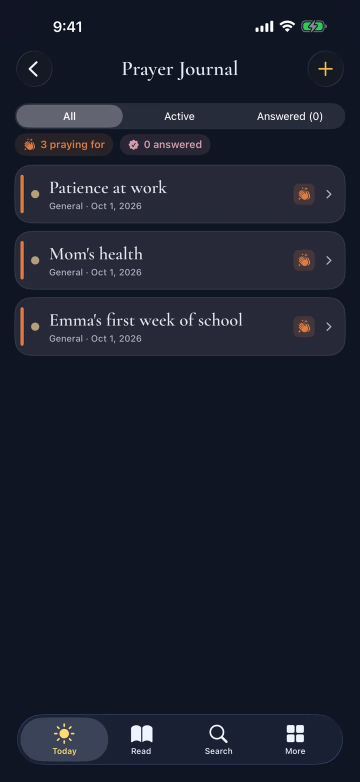 Prayer Journal in the Night theme with a short list of private prayers and answered-prayer tabs