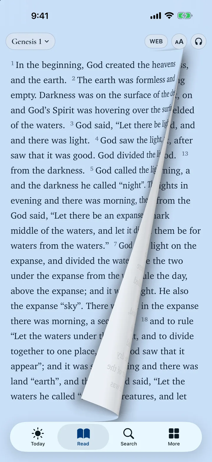 Bible reader in the Sky theme showing Genesis 1 mid page-turn