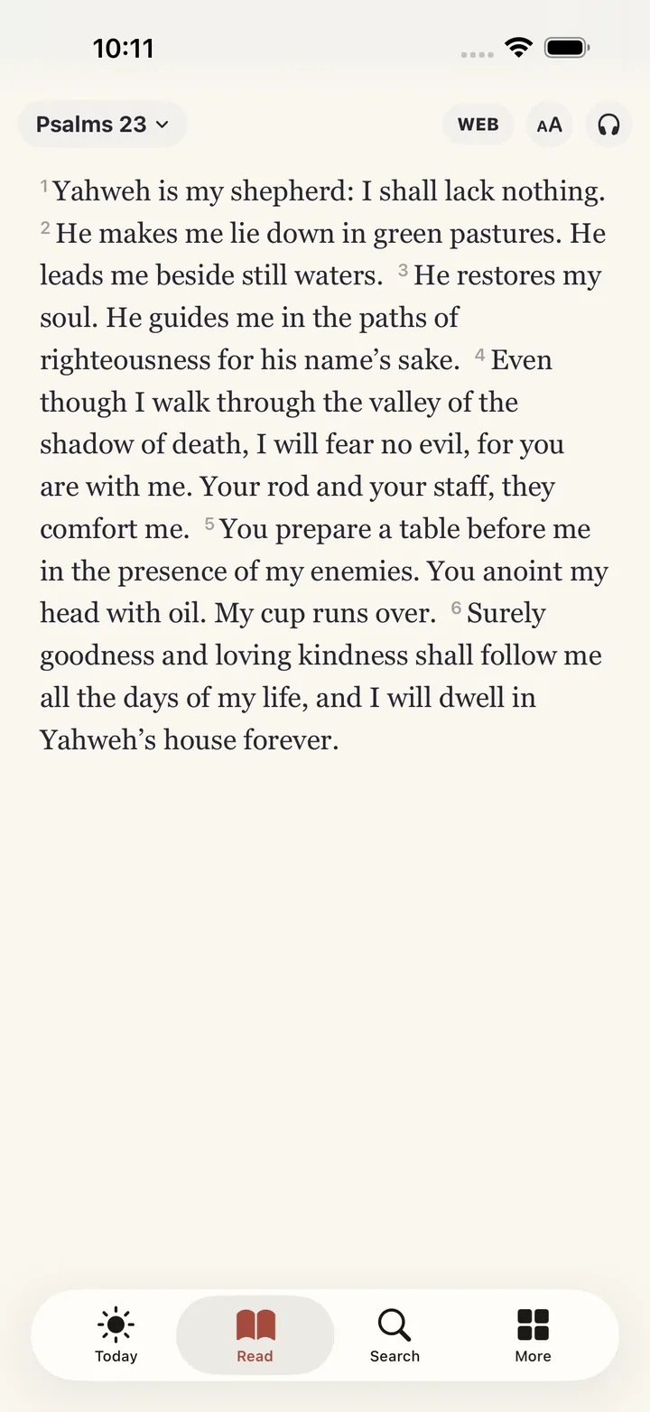 Bible for Me reader showing Psalm 23 with the verse toolbar open