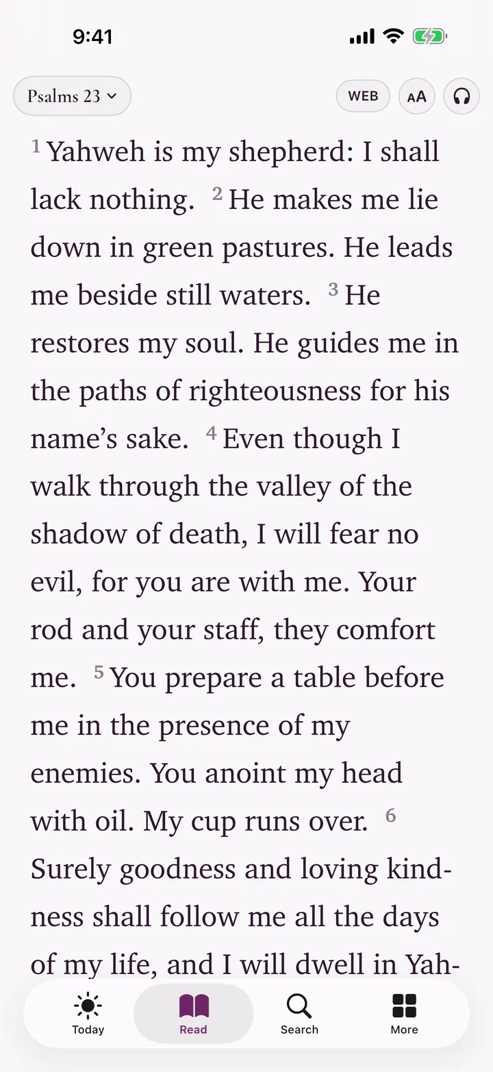 Bible for Me reader showing Psalm 23 in the Aurora theme