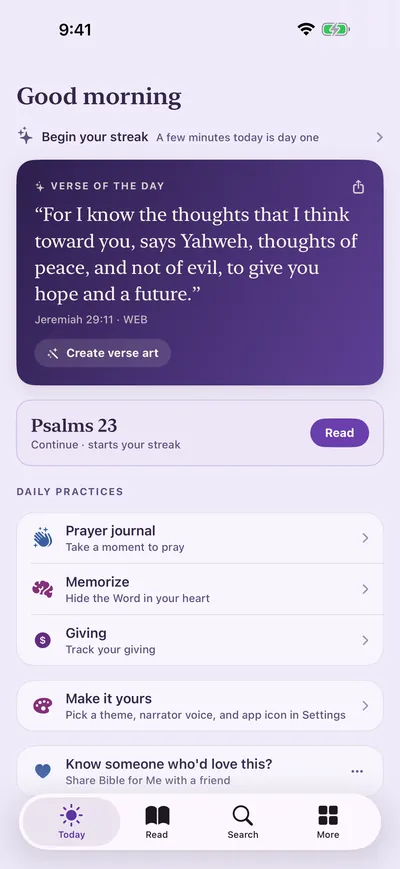 Today screen in the Lavender theme