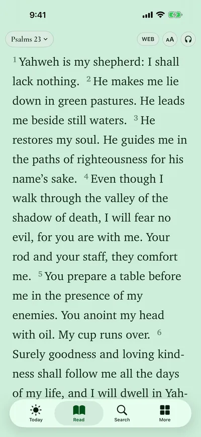 Reader showing Psalm 23 in the Meadow theme