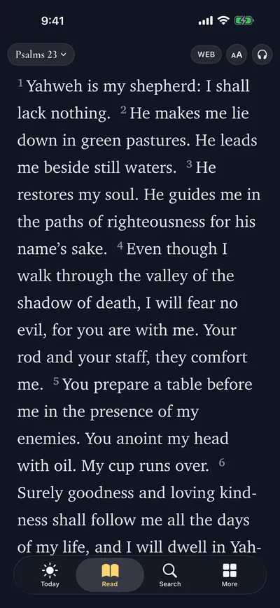 Reader showing Psalm 23 in the Night theme