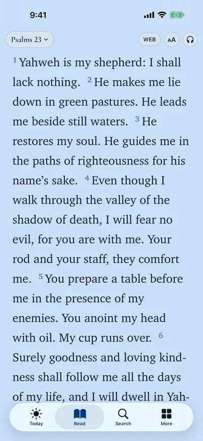 Reader showing Psalm 23 in the Sky theme