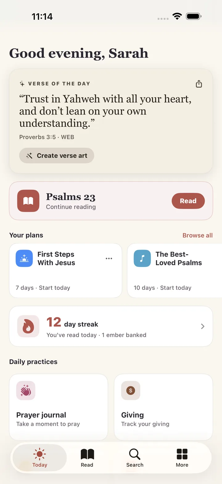 Bible for Me Today screen with the verse of the day, reading plans, and streak