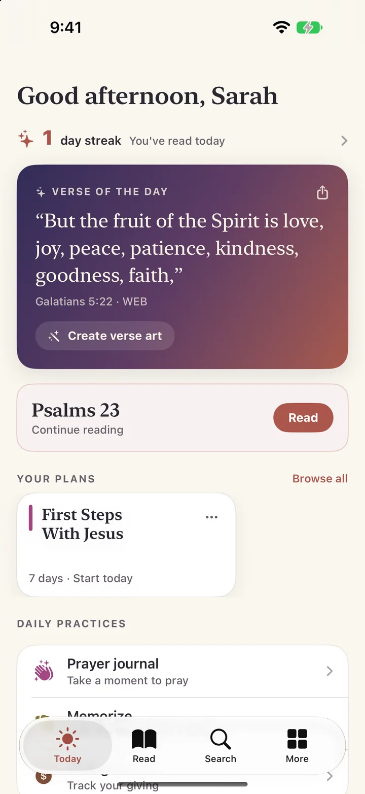 Today screen with streak, verse of the day, and current reading plan
