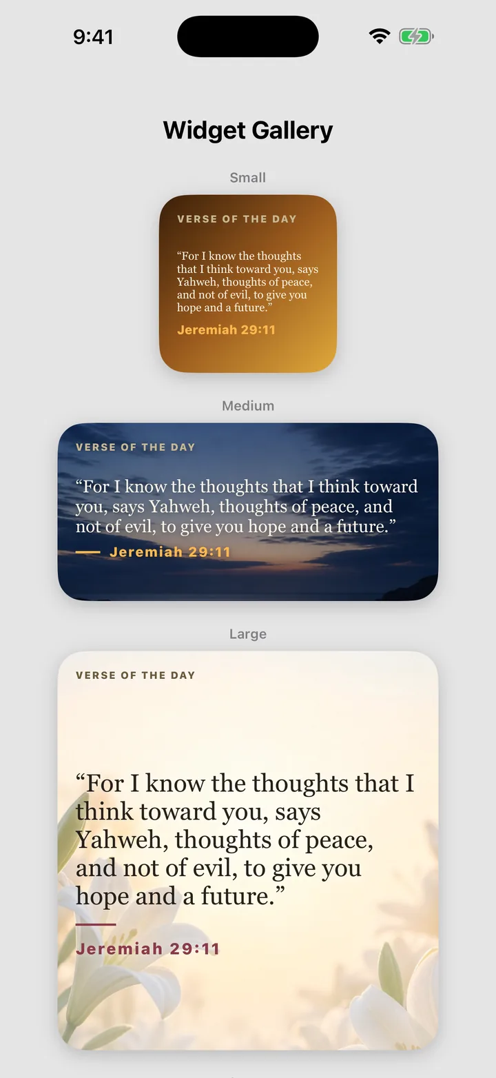 Widget gallery showing small, medium, and large verse of the day widgets